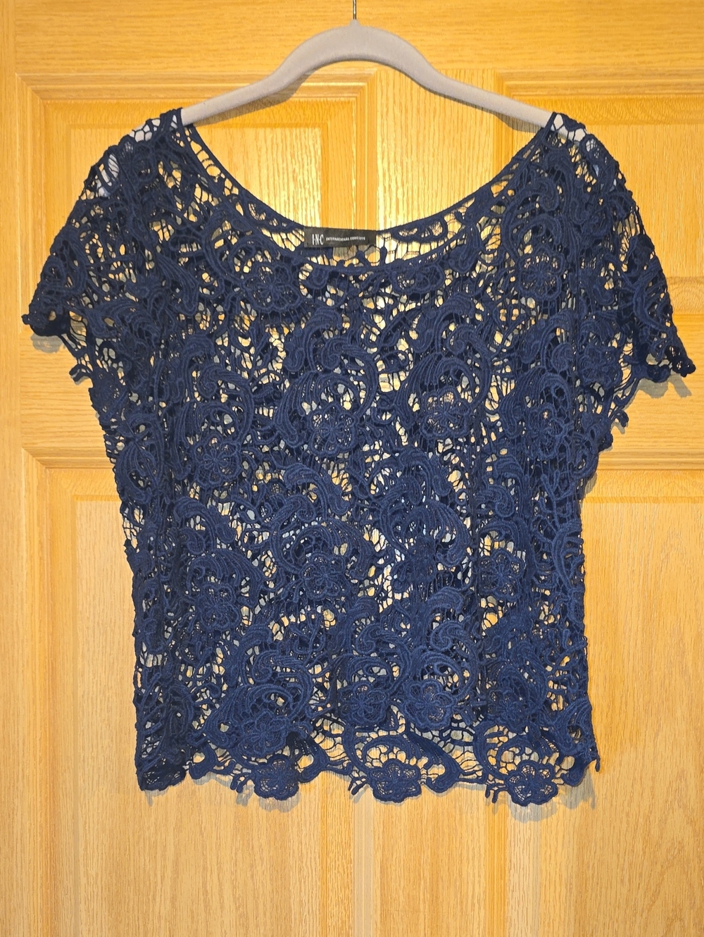 INC International Concepts Navy Floral Crochet Lace Short Sleeve Top